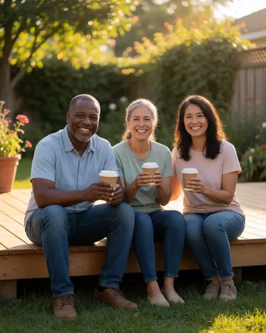 A happy couple relaxing on a wooden deck with coffee, surrounded by a flower garden in golden sunset light