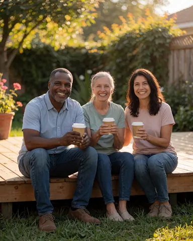 Three adults smiling while enjoying coffee on a wooden patio outdoors.