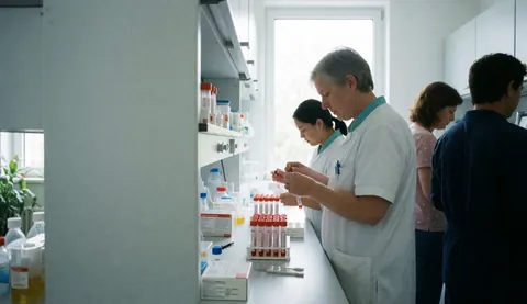 Medical professionals carefully manipulate test tubes in a modern clinical laboratory equipped with shelves and natural light