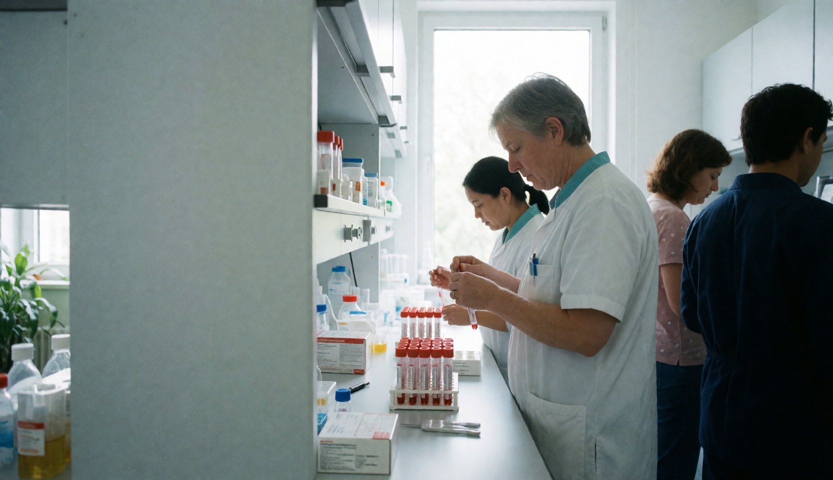 Medical professionals carefully manipulate test tubes in a modern clinical laboratory equipped with shelves and natural light