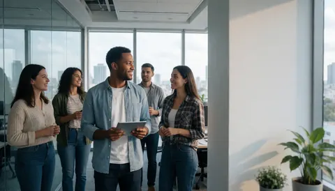 Group of entrepreneurs discussing in a modern office with city view, one holding a laptop