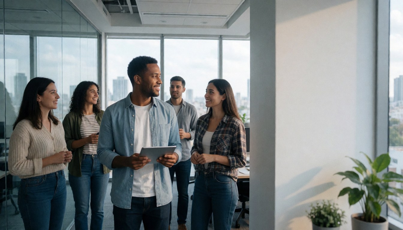 Group of entrepreneurs discussing in a modern office with city view, one holding a laptop