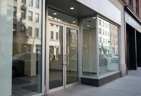 Modern office entrance with glass doors and reception counters visible.