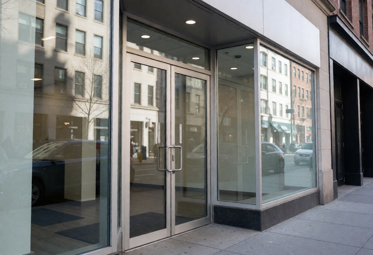 Modern office entrance with glass doors and reception counters visible.