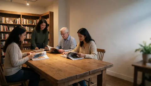 Four people of different ages reading books and magazines at a wooden table in a bookstore.