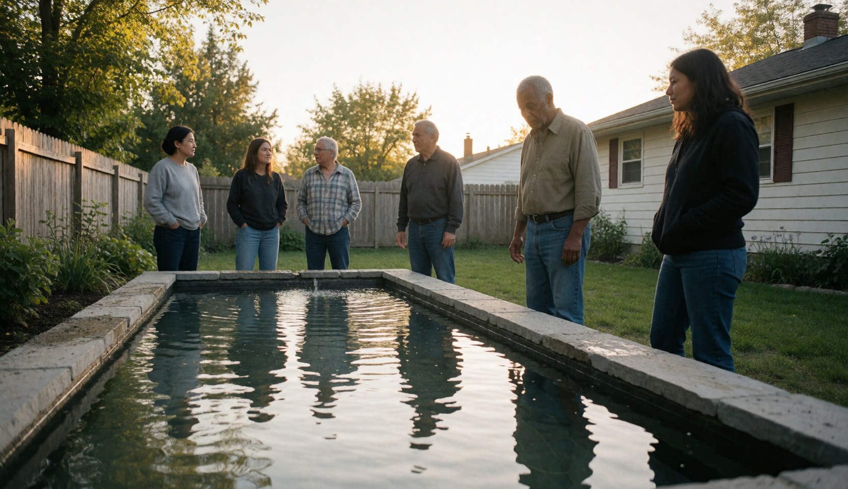 A group of people looking at a rectangular pool in a backyard with grass and a house nearby.