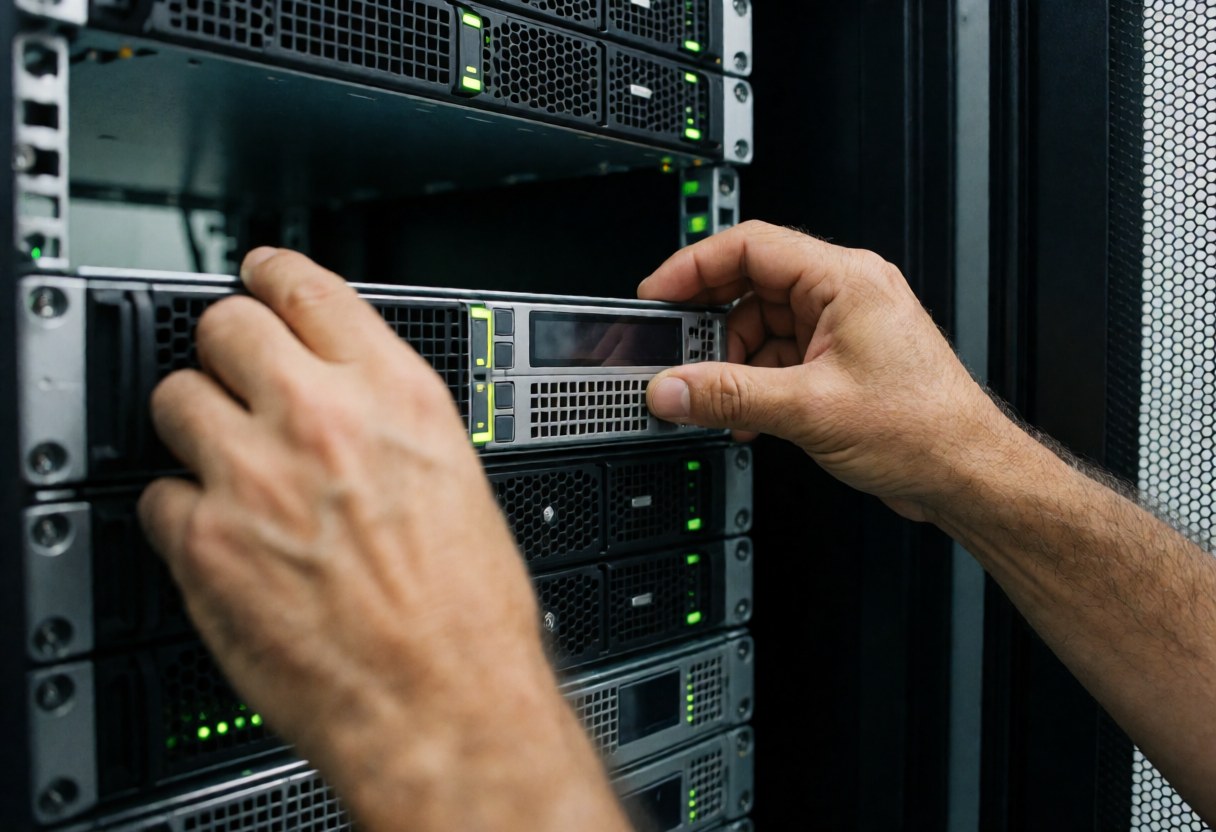 Close up of a hand adjusting a server rack in a data center with green lights and rows of equipment in the background