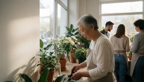 A florist tends to plants in a modern flower shop with large windows and soft natural light while others work in the background