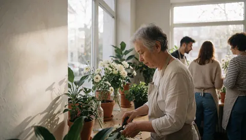 An older florist cuts white flowers with scissors on a wooden table, while other workers stand in the background.
