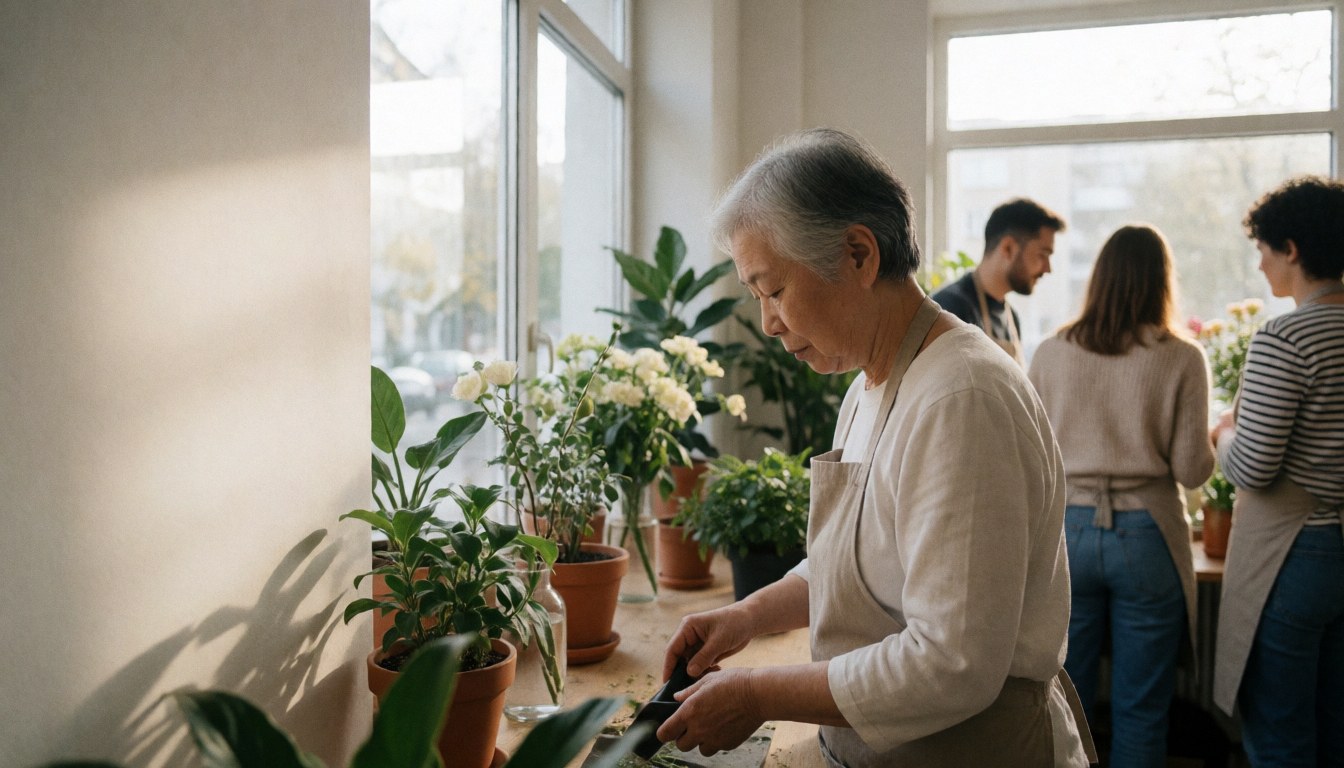 A florist tends to plants in a modern flower shop with large windows and soft natural light while others work in the background