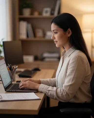 A young woman working on a laptop at her office desk, with documents and a monitor in the background.