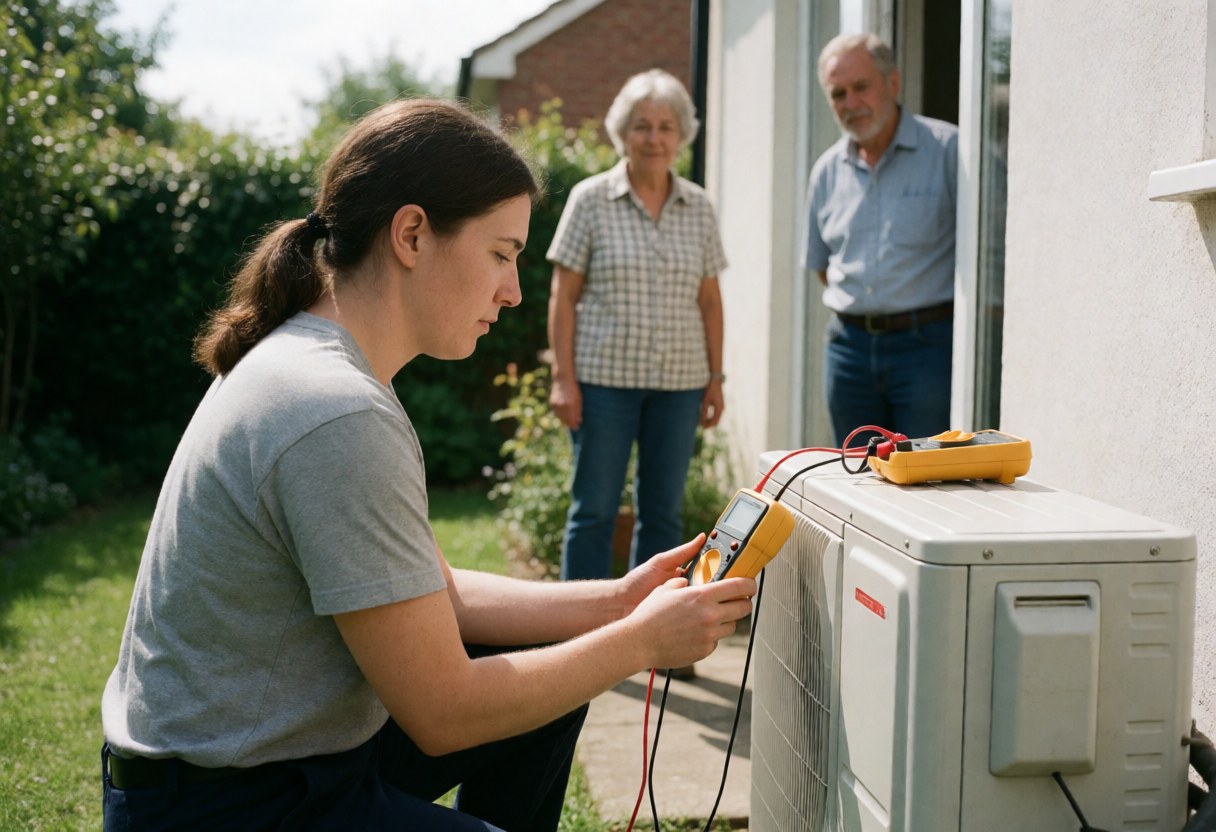Technician using a multimeter to check an outdoor air conditioning unit in a garden.