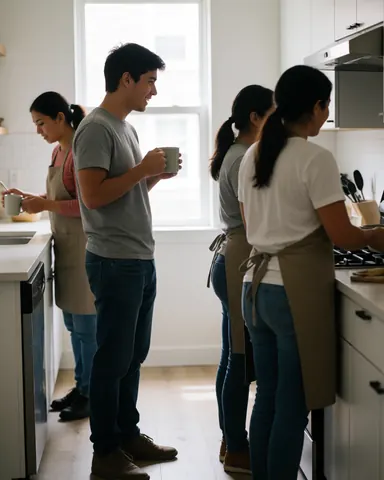 Four people in aprons working in a modern kitchen, one sips coffee while others prepare food.