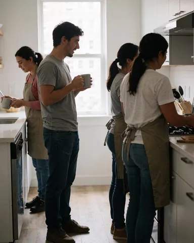 Four people in aprons working in a modern kitchen with appliances and utensils.