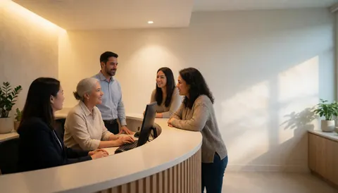 A modern and welcoming reception with five people, three behind the counter and two in front, smiling and talking while a woman uses a computer.