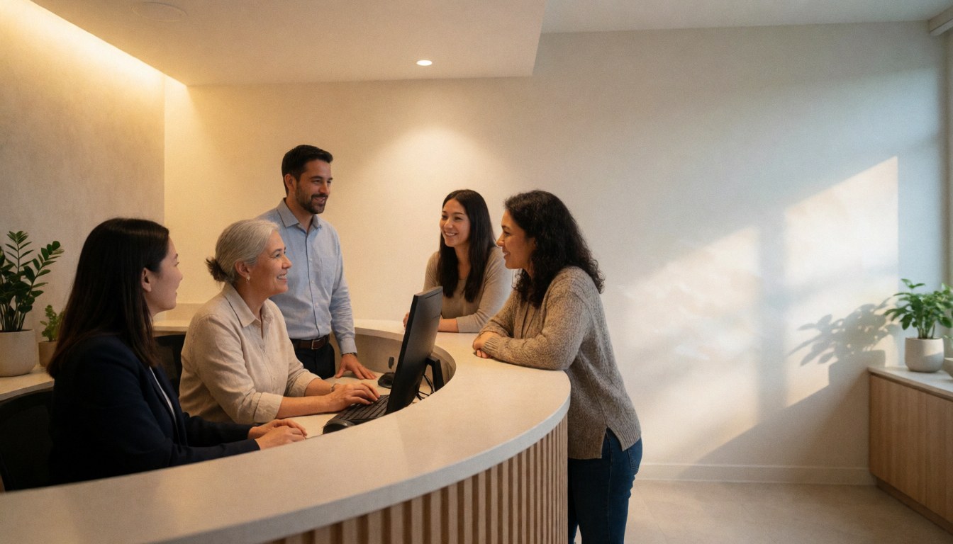 Modern real estate office reception with attentive staff, natural light, and decorative plants creating a welcoming atmosphere