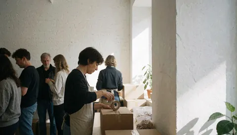 A group of people packing cardboard boxes in an online store with adhesive tape.