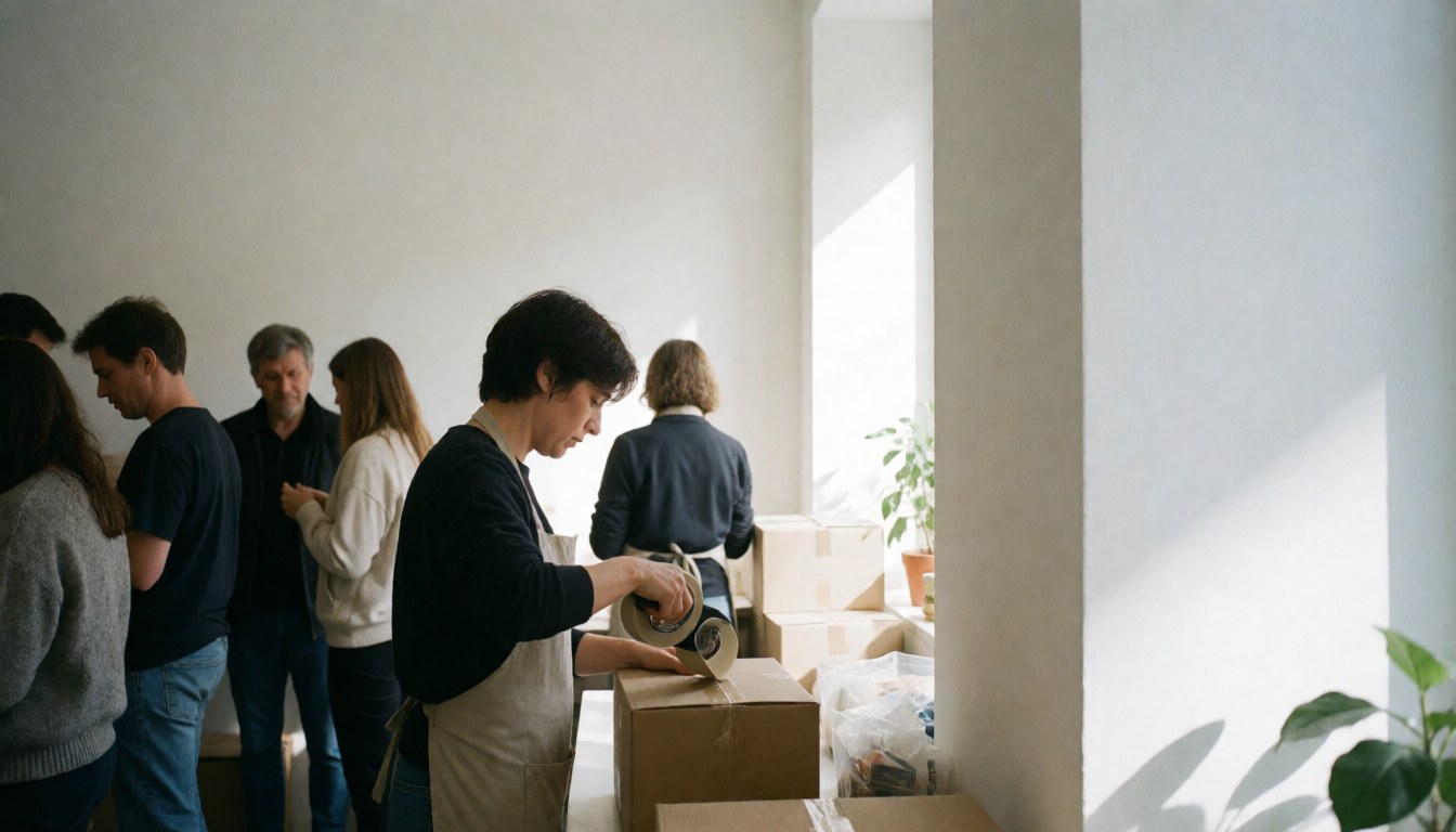 Staff members packing products for an online store with natural lighting and copy space on the right