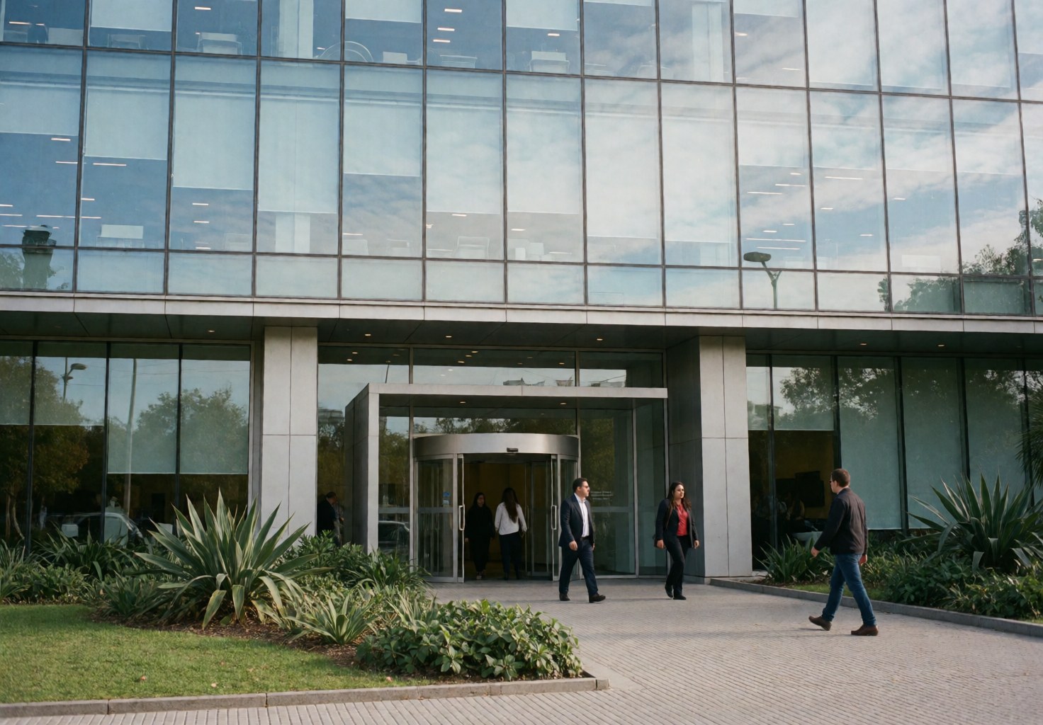 Glass entrance of a modern office building with people walking and a garden, suitable for business presentations and training