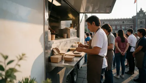 A waiter serving food at a food truck in a historic plaza with customers waiting and warm sunset light
