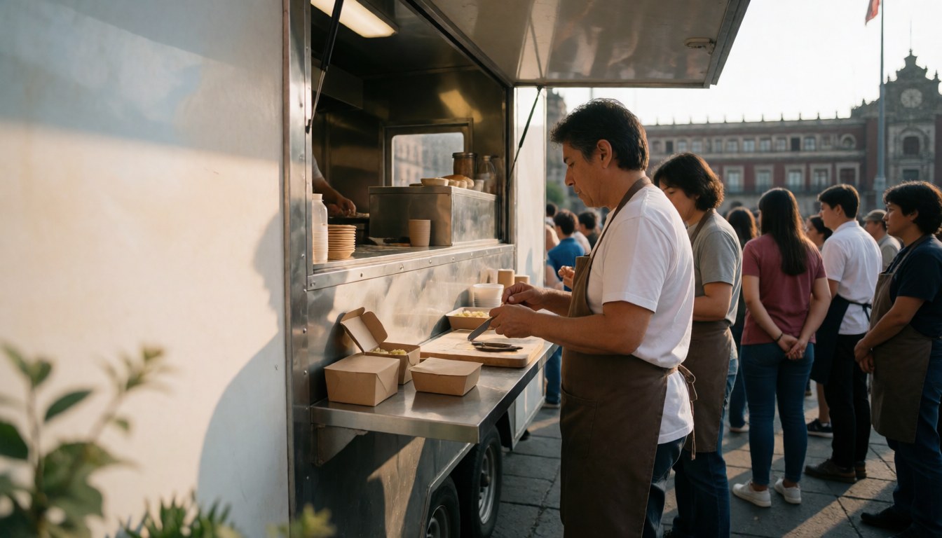 A waiter serving food at a food truck in a historic plaza with customers waiting and warm sunset light