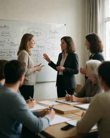 A woman leads a team training session in a meeting room, using a whiteboard with diagrams while colleagues take notes at tables