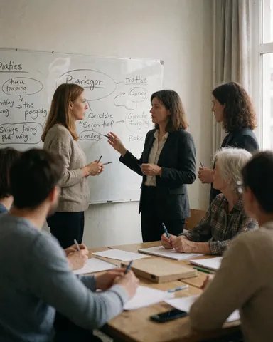 A woman presents on a whiteboard while others take notes at a wooden table.