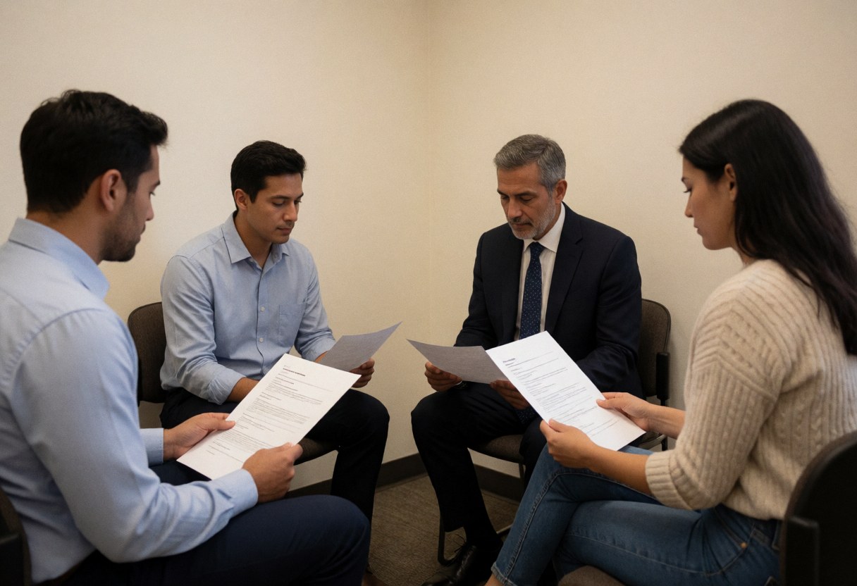 Four professionals seated in a meeting reviewing documents in a serious business environment