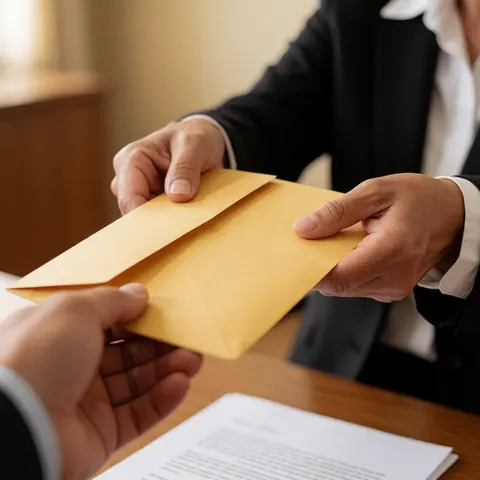 Close up of a hand placing a legal envelope on a desk with documents in a professional setting