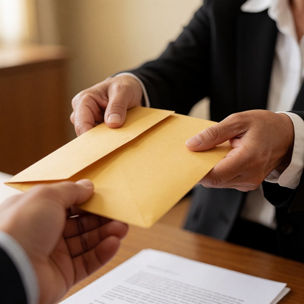 Close up of a hand placing a legal envelope on a desk with documents in a professional setting