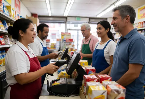 A cashier scans items at the counter while a customer smiles nearby in a busy local bodega