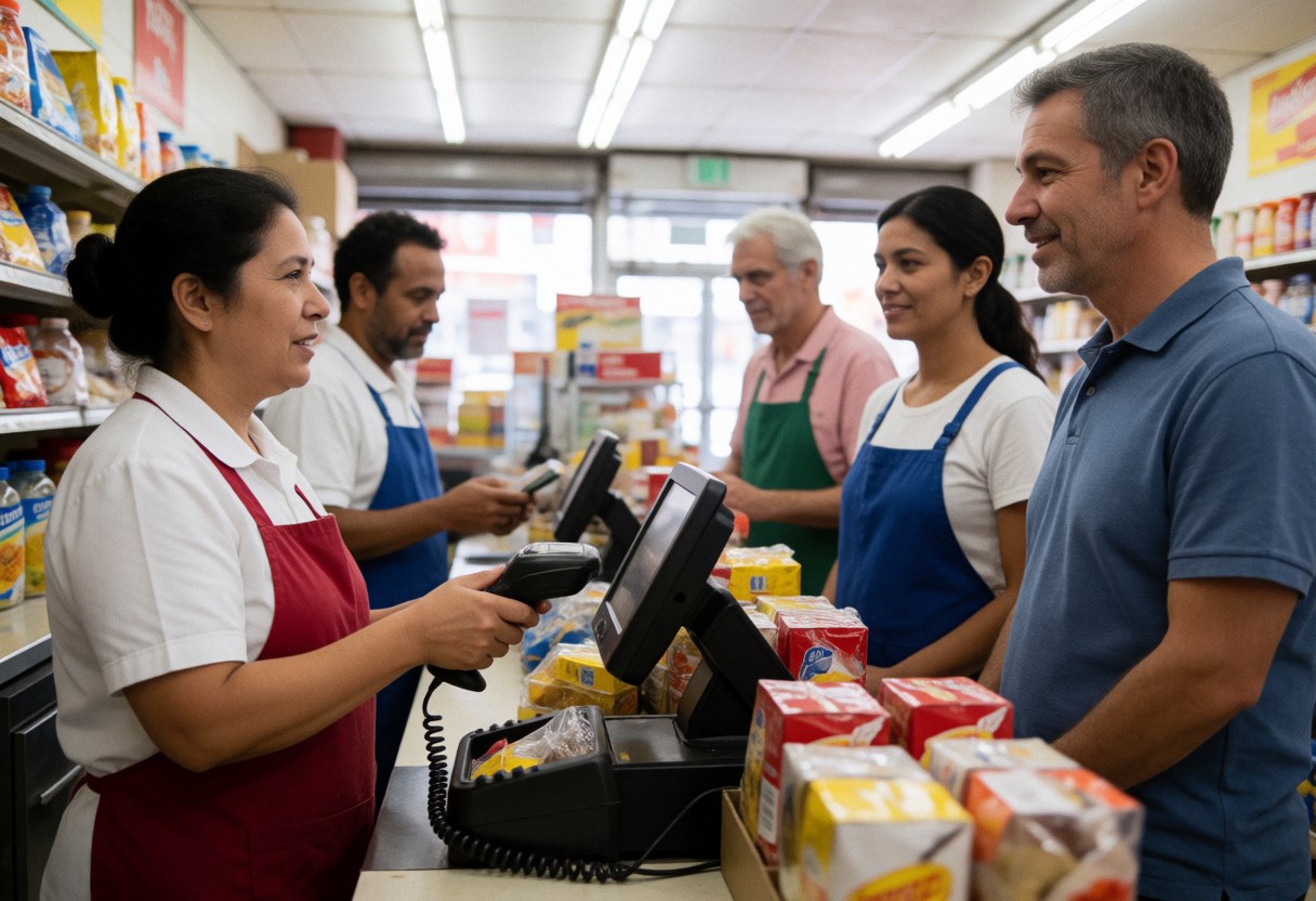 A cashier scans items at the counter while a customer smiles nearby in a busy local bodega