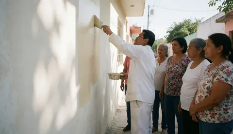 A painter applies beige paint to an exterior wall while neighbors watch on a sunny day