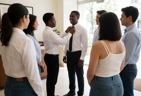 A wedding planner helps the groom adjust his tie in a hotel lobby while guests watch with smiles.
