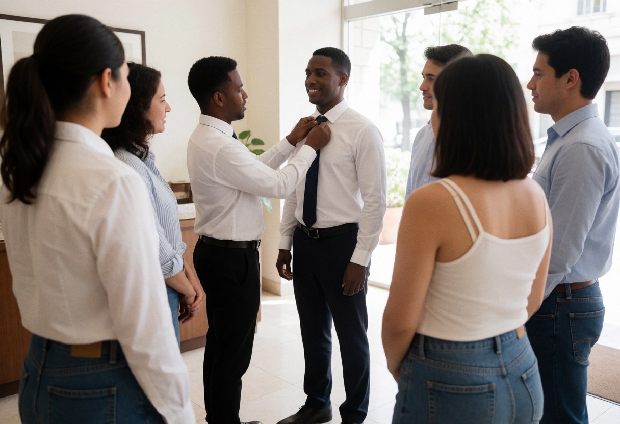 A wedding planner helps the groom adjust his tie in a hotel lobby while guests watch with smiles.