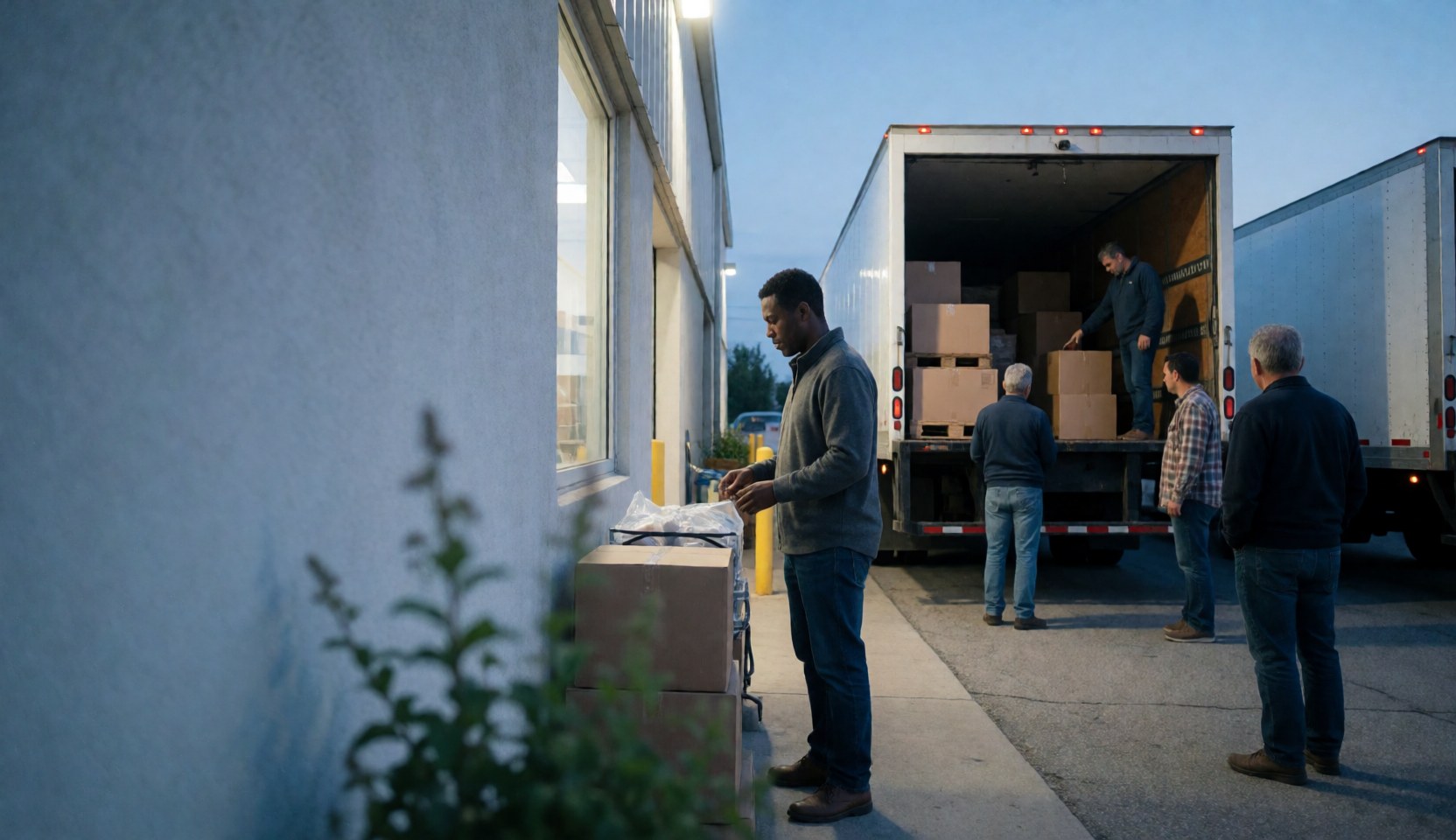 Workers loading boxes onto trucks at a factory warehouse during sunset