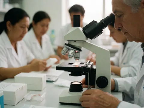 A scientist looks at a sample under a microscope in a clean clinical lab while other professionals work in the background.