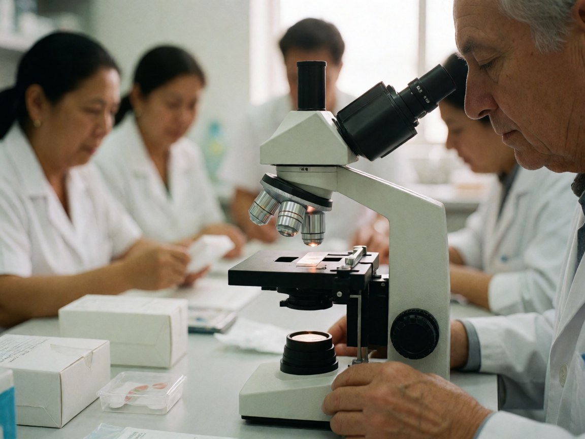A scientist looks at a sample under a microscope in a clean clinical lab while other professionals work in the background.