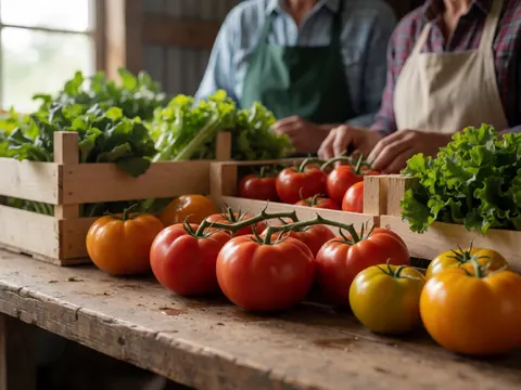 Red and yellow tomatoes with fresh green lettuce leaves in wooden crates on a rustic wooden table in a farm warehouse