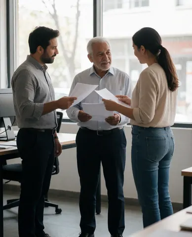 Three adults of different ages and ethnicities review documents in a professional office setting with natural light