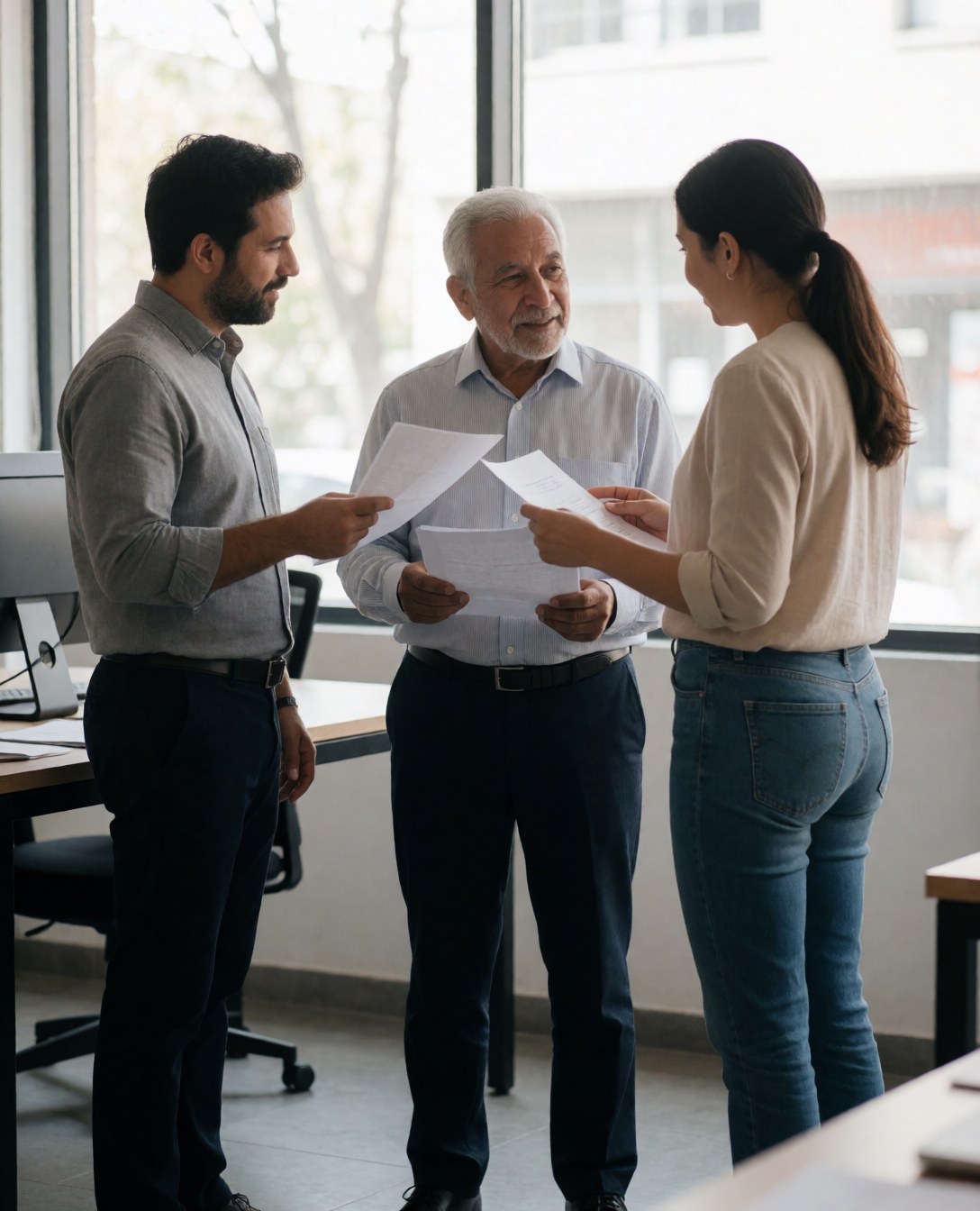 Three adults of different ages and ethnicities review documents in a professional office setting with natural light