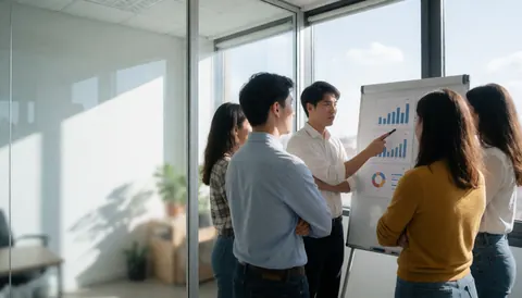 Four consultants review charts on a whiteboard in a modern office with glass windows and natural light