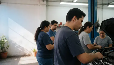 Group of mechanics working together in an auto repair shop, hands on a car engine.
