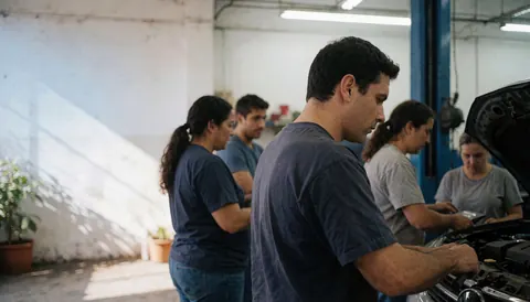 Team of mechanics working together in an auto repair shop.