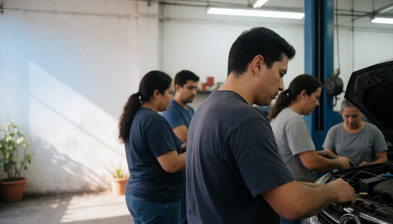 Group of mechanics working together in an auto repair shop, hands on a car engine.