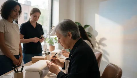 A nail technician applies nails to a mannequin while others observe in a nail studio.