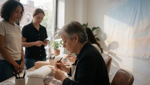 A nail technician applies nails to a mannequin while others observe in a nail studio.