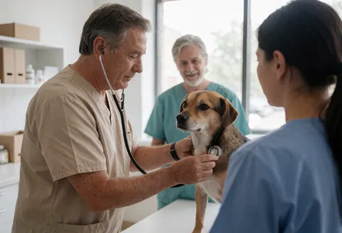 A veterinarian examines a dog with a stethoscope while a woman watches and another professional is in the background at a clinic.