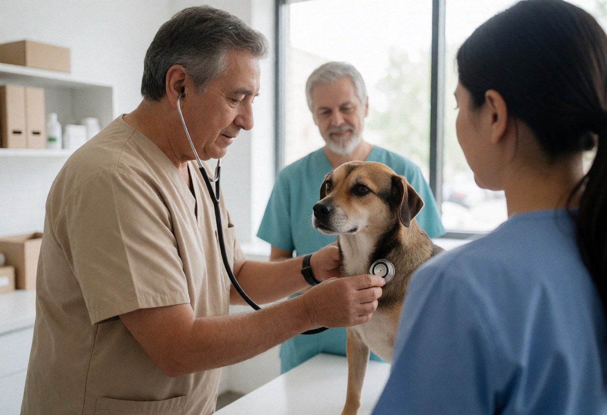 A senior veterinarian examines a dog with a stethoscope in a clinic while two people watch