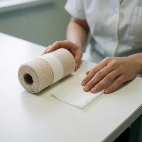 Antiseptic cloth and bandage on a white surface with healthcare professional hands visible, clinical lighting, pharmaceutical product for wound care